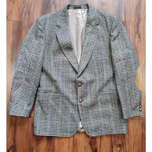 Vintage English Manor Wool Brown Houndstooth Plaid Blazer Leather Elbow Patch 44